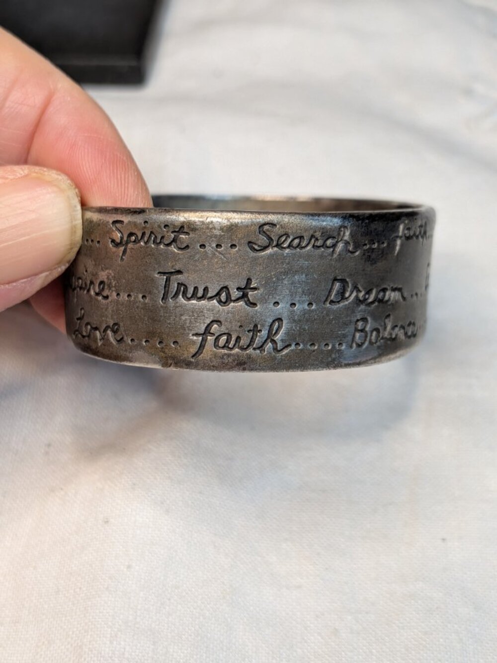 Chico’s Positive Affirmations Cuff Bracelet – Pewter‑Tone Engraved